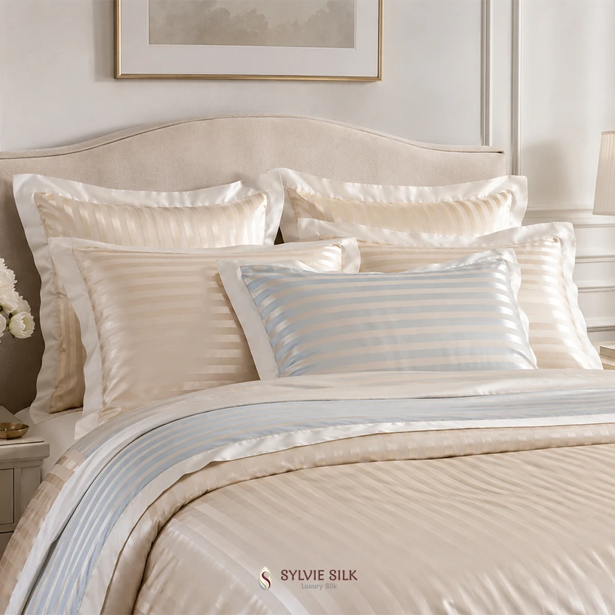 Ivory and pale blue striped silk bedding with coordinating pillows and shams