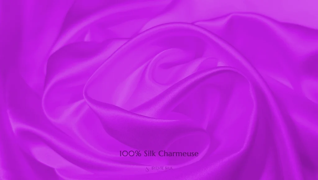 100% silk charmeuse fabric with a smooth lustrous face purple color