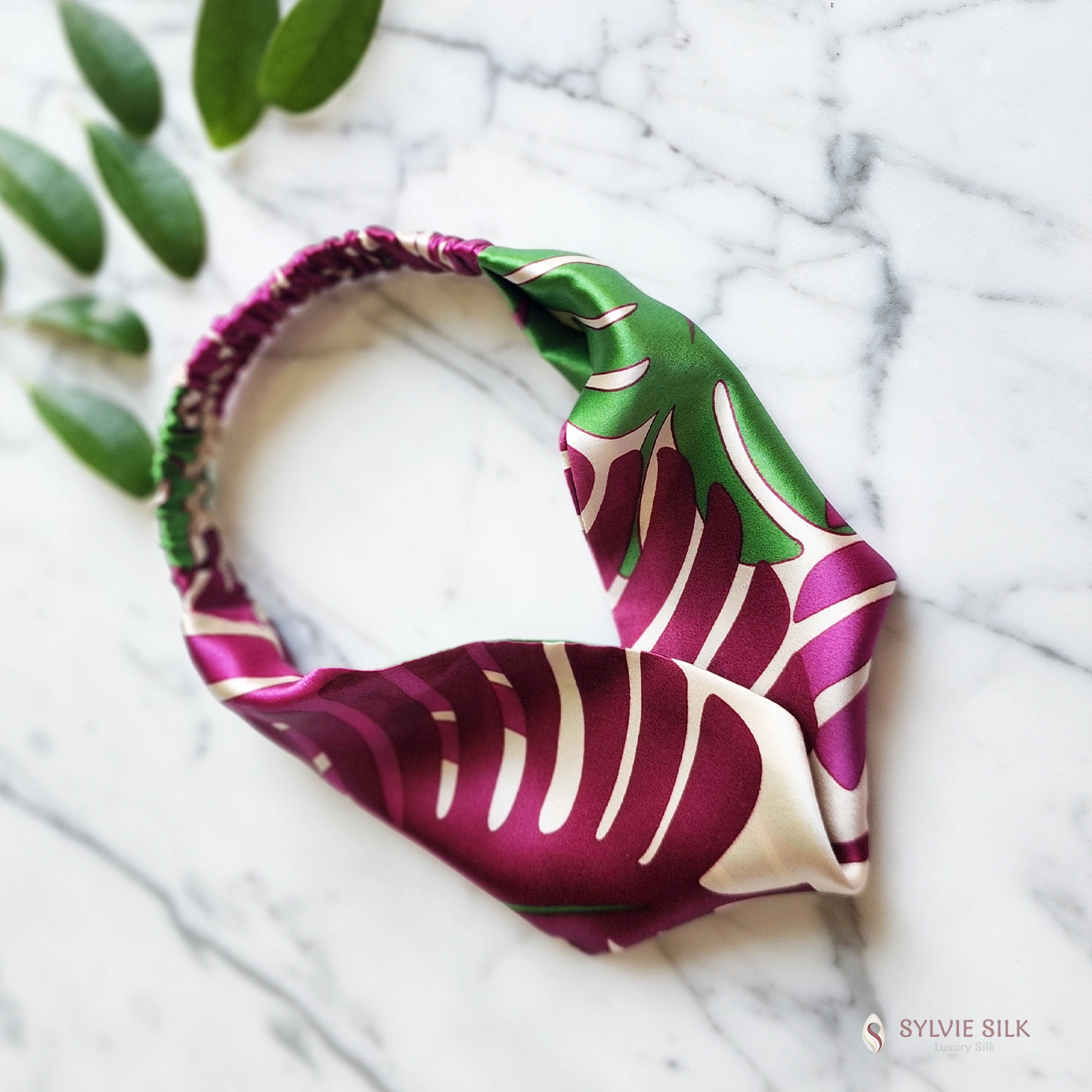Monstera silk charmeuse flat headband from the Sylvie Silk headband and scrunchies gift set