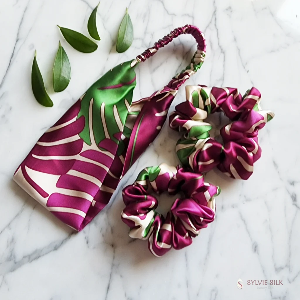 Monstera silk gift set arranged with one silk charmeuse headband and two matching scrunchies