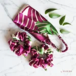Silk Gift Sets. Monstera silk headband scrunchies gift set, silk charmeuse gift set with one flat headband and two matching silk scrunchies