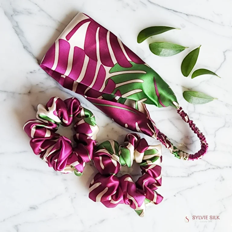 Silk Gift Sets. Monstera silk headband scrunchies gift set, silk charmeuse gift set with one flat headband and two matching silk scrunchies