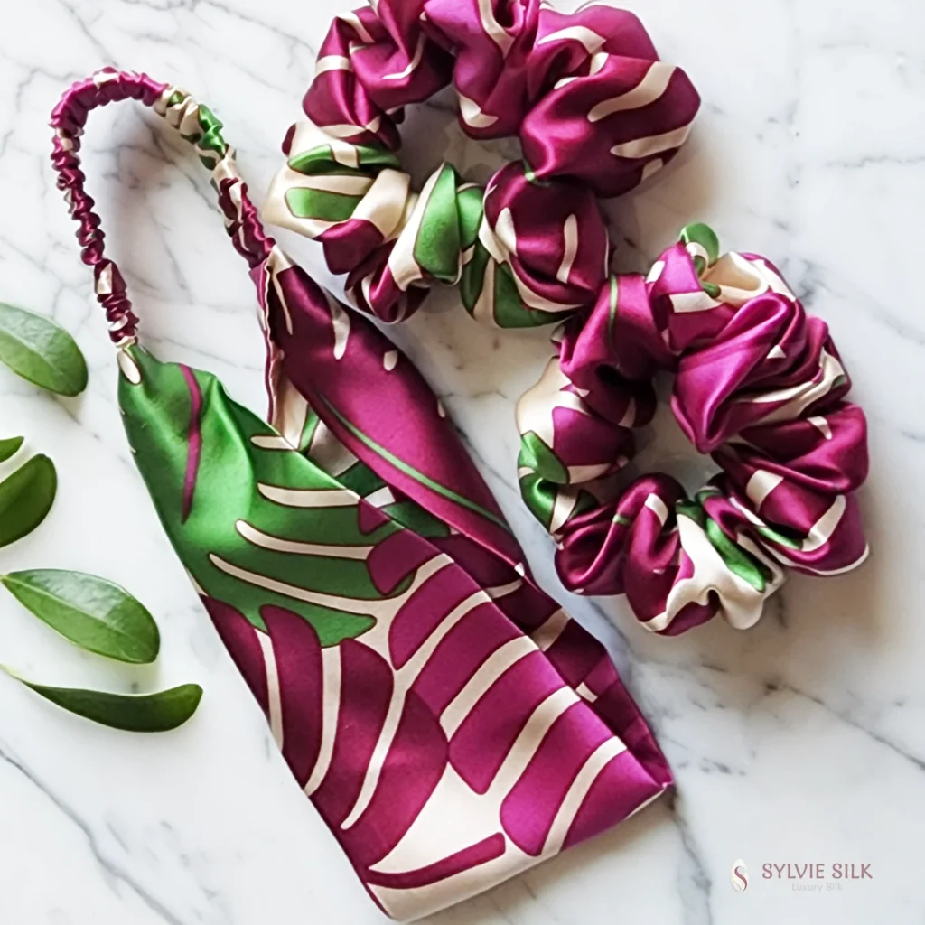 Sylvie Silk Monstera hair accessories gift set with flat headband and two silk charmeuse scrunchies
